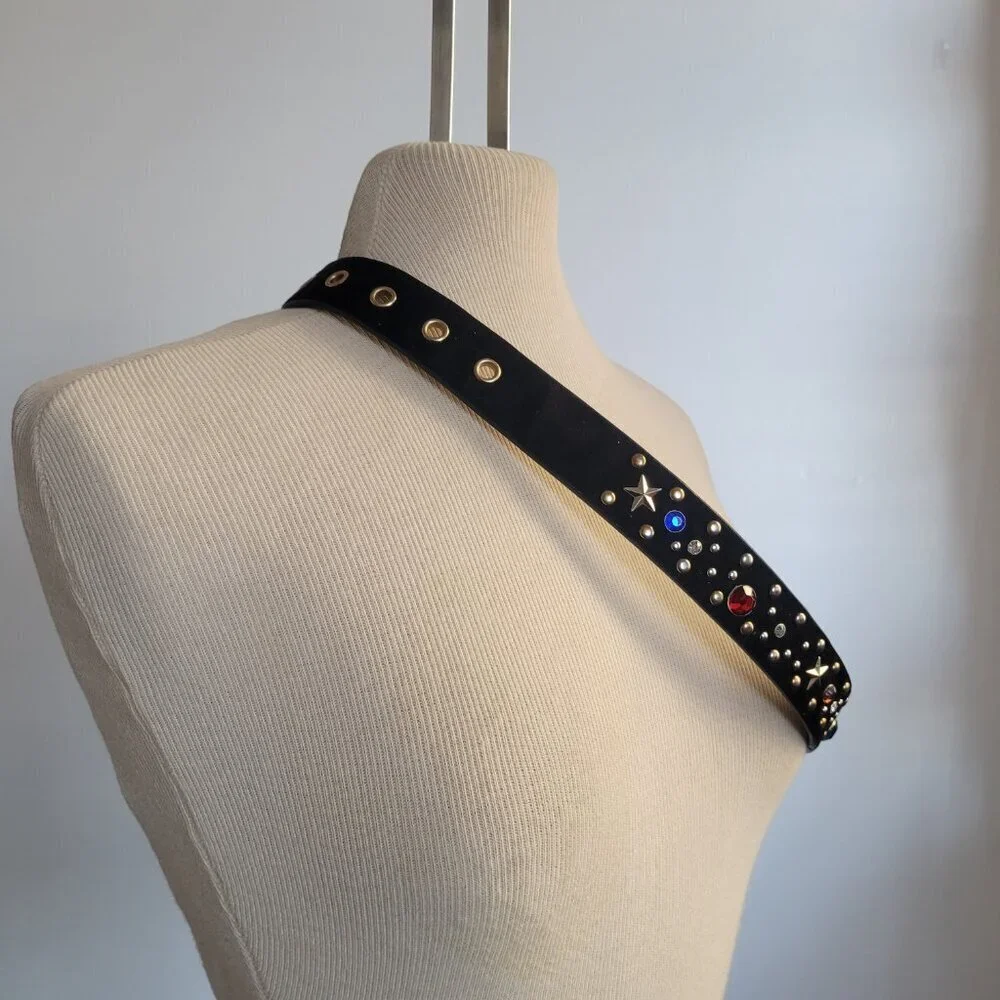 Rhinestone Star-Studded Black Velvet Metal Disco Glam Rocker Belt (Size: S/M)